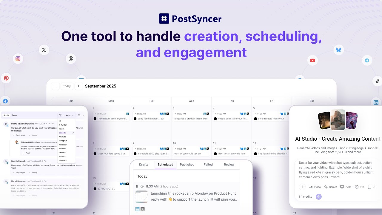 PostSyncer Dashboard showing social media analytics and scheduling interface